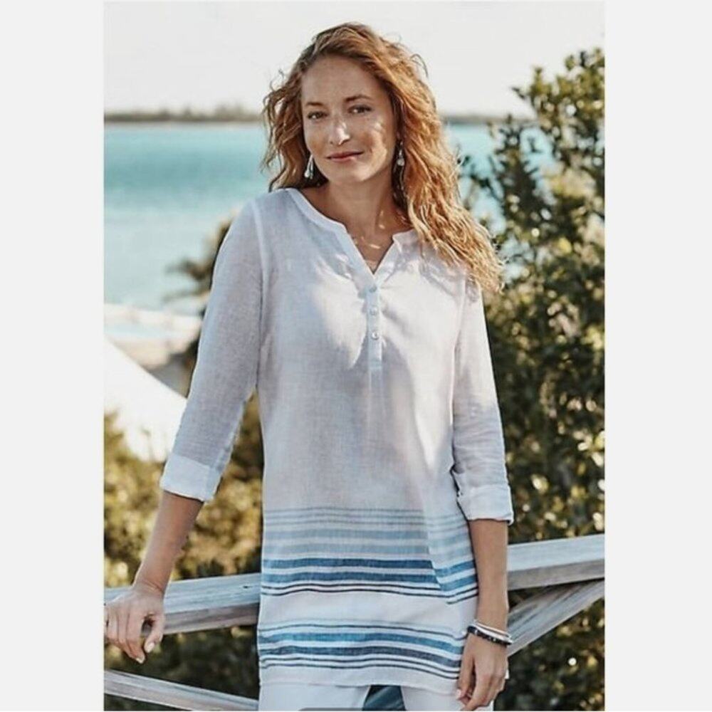 Lightweight White & Blue Striped Women's Tunic Top